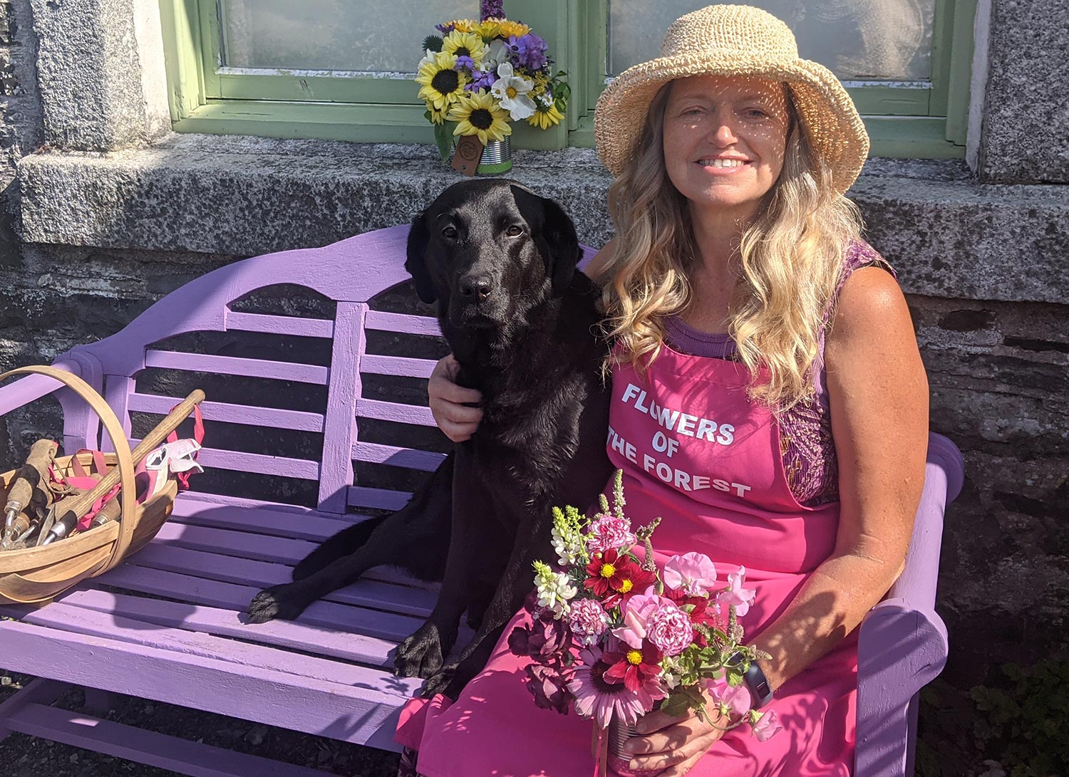 Sitting on a bench with flowers